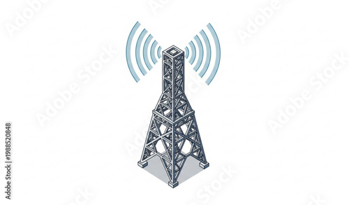 Isometric radio tower with signal waves wireless communication vector illustration isolated on white background