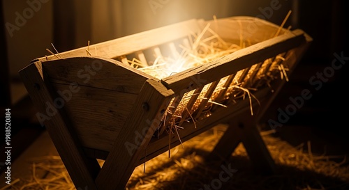 Wooden trough with hay and light.