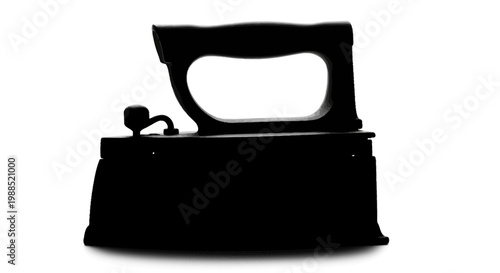 A black silhouette of a vintage iron on a white background