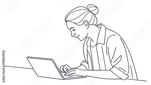 Focused woman typing on a laptop with a gentle smile, working diligently on a project.
