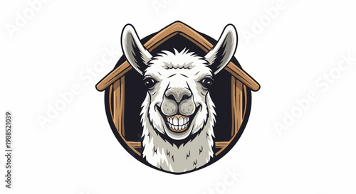 A cartoon llama with a wide grin peeks out from a wooden structure