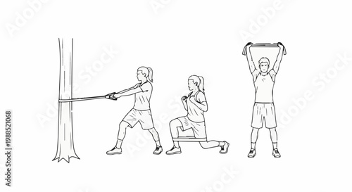 Three figures demonstrate exercises using resistance bands and bodyweight