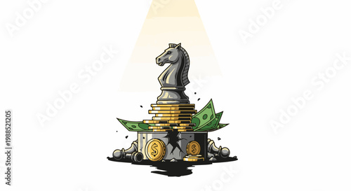 A knight chess piece atop coins and bills on a pedestal