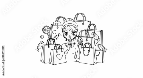 A happy girl enjoys treats surrounded by shopping bags