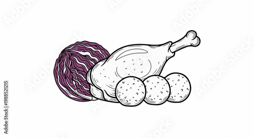 A hand-drawn illustration of a roasted fowl leg with purple cabbage and dumplings