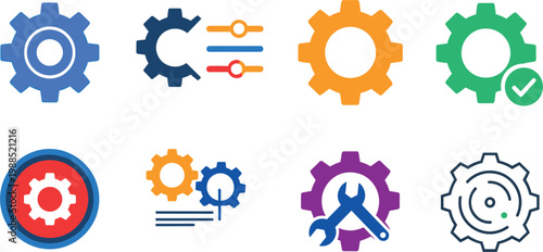 Settings and gear icons set with configuration tools system optimization maintenance engineering and control symbols flat design