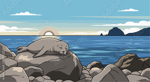 A seal naps peacefully on rocks by the ocean with a sunset in the background
