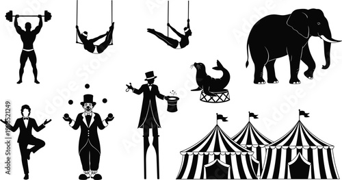 Vector collection of minimalist circus silhouettes featuring acrobats a strongman clown magician elephant seal and striped carnival tents isolated on a white background for design
