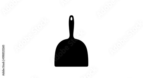 A minimalist black silhouette of a dustpan on a white background