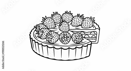 A slice of strawberry tart with whole fruits and creamy layers, outlined in black