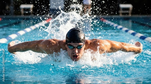 Competitive male swimmer in dynamic butterfly stroke mid-race in indoor swimming pool, intense focus and power, professional athletic performance, splashing water, blue pool, high-speed action shot