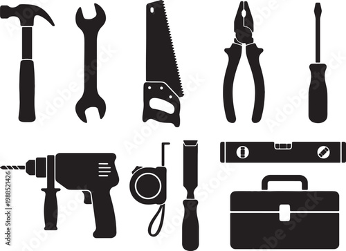Collection of common hand tools and equipment for construction and repair work isolated on a white background
