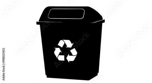 A black silhouette of a recycling bin with a white recycling symbol on a plain background