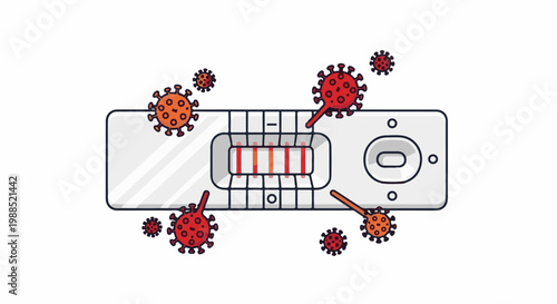Cartoon illustration of a positive rapid antigen test kit surrounded by viruses