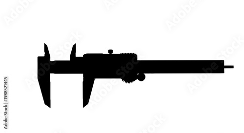 A black silhouette of a vernier caliper on a white background, representing precision measurement and engineering