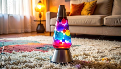 Vibrant Mid-century Modern Lava Lamp With Colorful Bubbles Radiating Warm Ambient Light in a Cozy Living Room Setting
