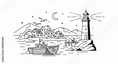 Coastal village at night with lighthouse, boat, and distant hills