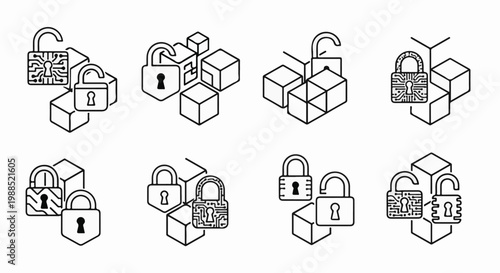 Digital padlock and cube icons representing secure data blocks
