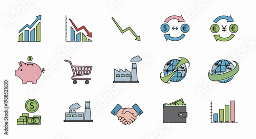 Diverse finance and business icons graphs, currency exchange, piggy bank, shopping cart, factory, globe, handshake, wallet