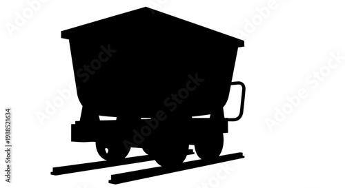 A black silhouette of a mine cart on railroad tracks in a simple vector graphic design