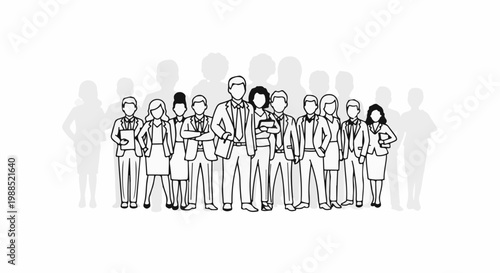 Diverse team of professionals standing together, with faint silhouettes in background