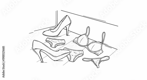 Elegant heels and lingerie set scattered on a tiled surface