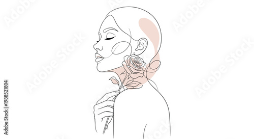 Elegant profile of a woman in line art style with a single rose on her shoulder and soft peach abstract shapes on a white background.