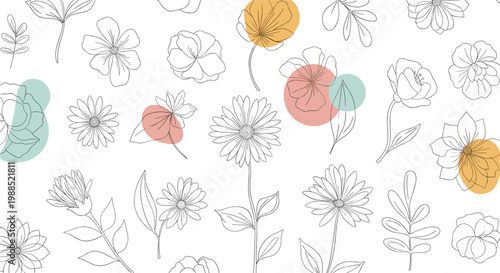 Seamless pattern of delicate line art flowers and botanical elements decorated with colorful abstract circles in peach yellow and blue tones.