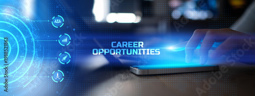 Career Opportunities and Professional Growth in a Digital Business Environment Illustrated on a Virtual Interface.