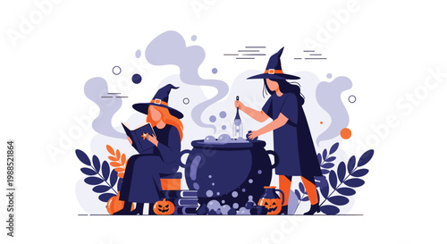 Two witches wearing hats brewing a purple potion in a large black cauldron with magical smoke pumpkins and autumn leaves in a dark scene.