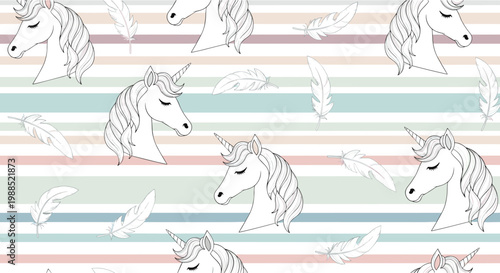 Seamless pattern featuring majestic white unicorn heads and floating feathers on a striped background with soft pastel colors for kids design.