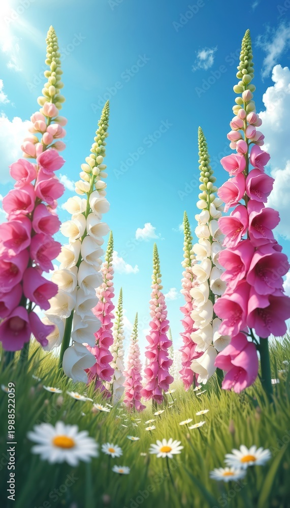 Obraz premium Digital illustration of tall pink, white foxglove flowers reaching skyward in sunny green meadow. Small daisies dot grass under bright blue sky with wispy clouds. Nature scene evokes garden beauty,