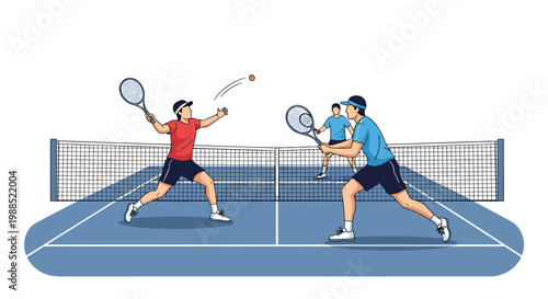 Illustration of a competitive tennis match on a blue court with four players in active poses hitting a ball over the net during a doubles game.