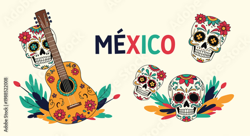 Vibrant Mexican day of the dead design features decorative sugar skulls and traditional guitar with tropical leaves and flowers.