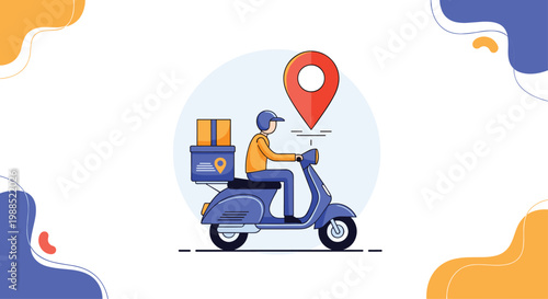 Efficient delivery courier riding blue scooter carries cardboard box to destination marked by large red location pin in clean flat style.