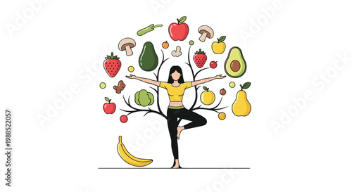Healthy lifestyle concept shows woman in yoga tree pose surrounded by various floating icons of fresh fruits and nutritious vegetables.