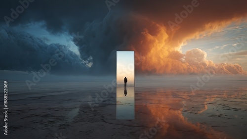 door to heaven, door to the sky, door to success, Person Walking Through a Portal in the sky  Into Another World, open door to the sky