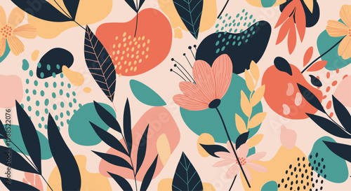 Vibrant abstract floral pattern combines stylized flowers with colorful leaves and shapes creating a lively and modern aesthetic design.