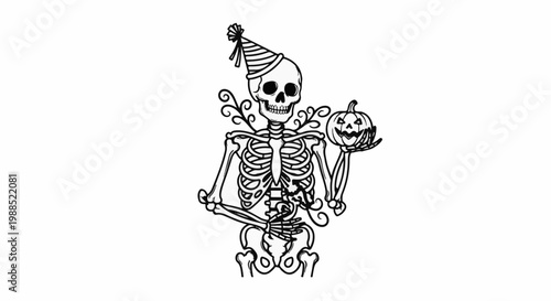 Skeleton wearing party hat holding a carved pumpkin, with ornate swirls