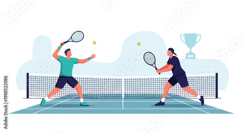 Dynamic sports illustration captures athletes playing competitive tennis on a professional court with championship trophy in background.