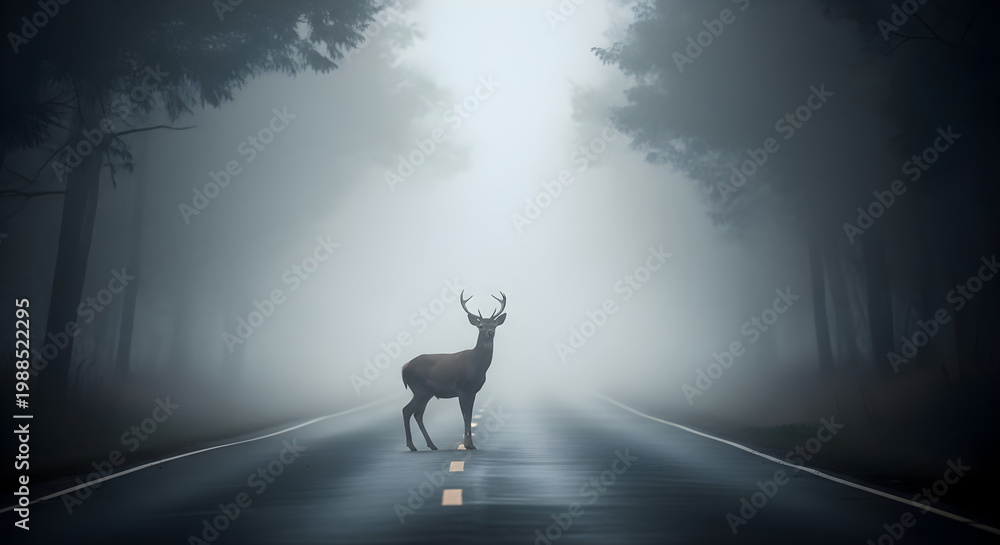 Fototapeta premium Deer standing on a road in thick morning fog deer on the road