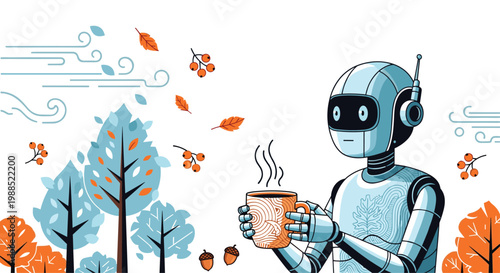 Friendly robot stands in an autumn forest holding a steaming cup of coffee while dry orange leaves blow around in the windy weather.