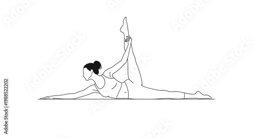 Elegant line art illustration of a woman performing a yoga pose, emphasizing flexibility and balance.
