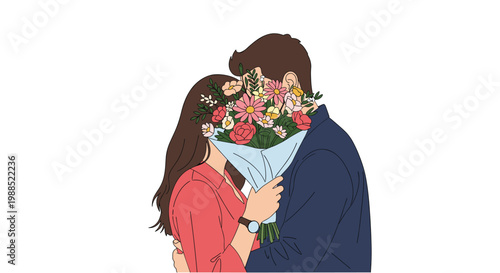 Romantic couple shares a warm hug while hiding their faces behind a large and beautiful bouquet of colorful flowers for valentines day.