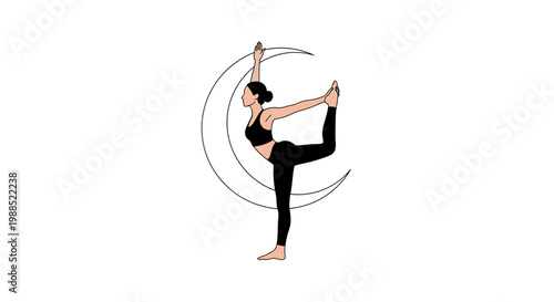 Elegant minimalist illustration of a woman in Natarajasana (Lord of the Dance yoga pose) with a crescent moon, embodying spiritual balance and wellness.