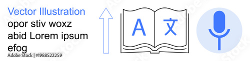 Language learning, voice translation, education technology, global communication, multilingual support, accessibility tools. Includes an open book, microphone icon and upward arrow. Language
