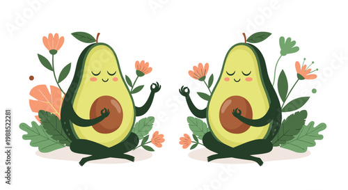 Whimsical and cute illustration shows two avocado characters practicing yoga and meditation among blooming flowers for wellness concept.