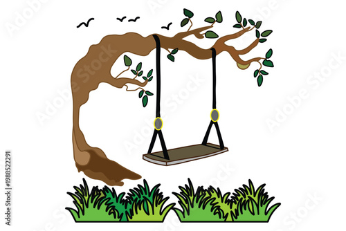 Rustic tree swing vector illustration, wooden garden swing hanging from a large oak branch, peaceful backyard nature scene with green grass and birds