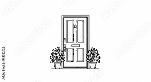 A sketched classic entryway with two potted plants