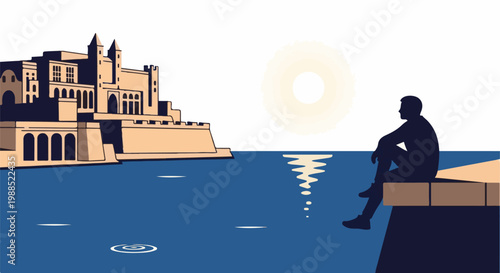 Silhouette of a person sitting by the water with a castle and sun in the background
